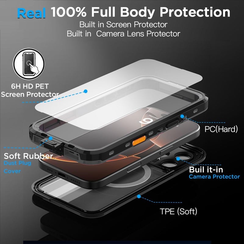 ايه اي كيس حافظة AICase المقاومة للماء المتوافقة مع iPhone 16 Pro Max مع MagSafe، مقاومة للثلج والغبار والص��مات، حاصلة على شهادة IP68، حماية كاملة للجسم، غطاء مغلق تمامًا تحت الماء - أسود - Image 1