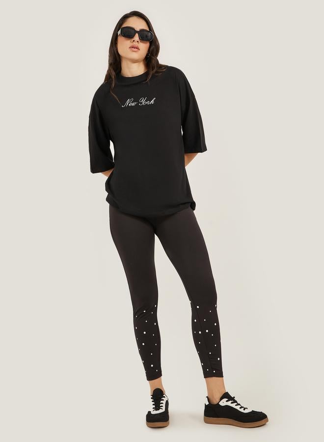 Styli Studded Hem Skinny Fit Ankle Length Leggings  - Image 1
