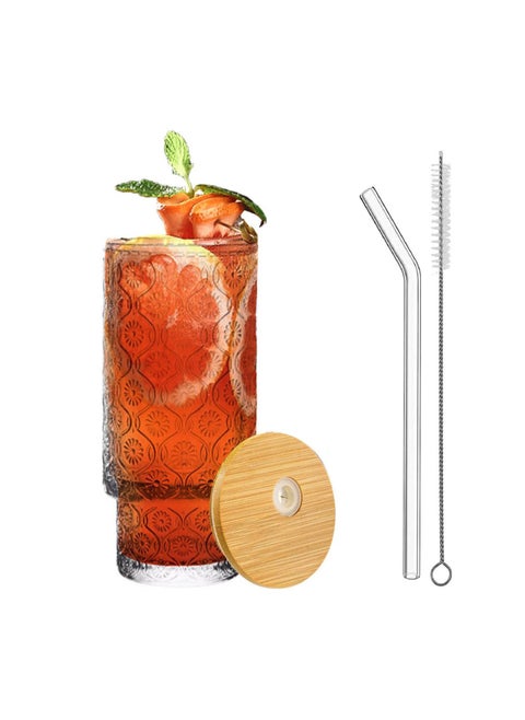 Premium Flower Embossed Drinking Glass Cups with Straws Stackable Glassware Set of 1