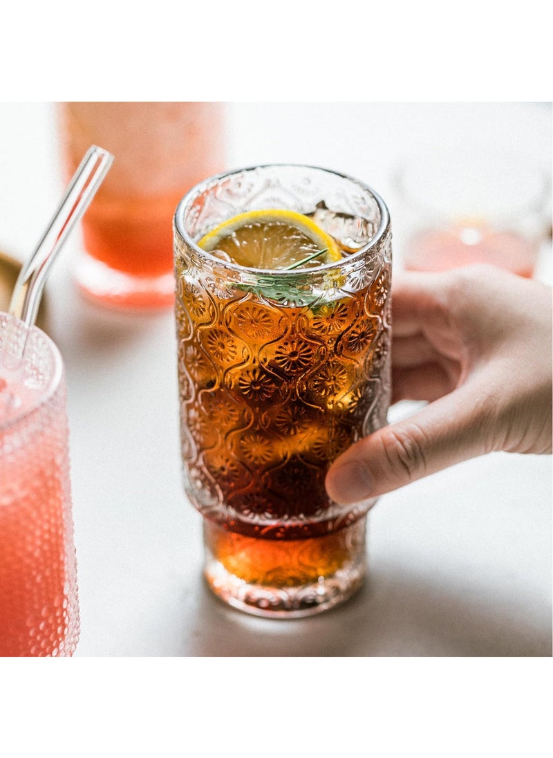 Premium Flower Embossed Drinking Glass Cups with Straws Stackable Glassware Set of 1