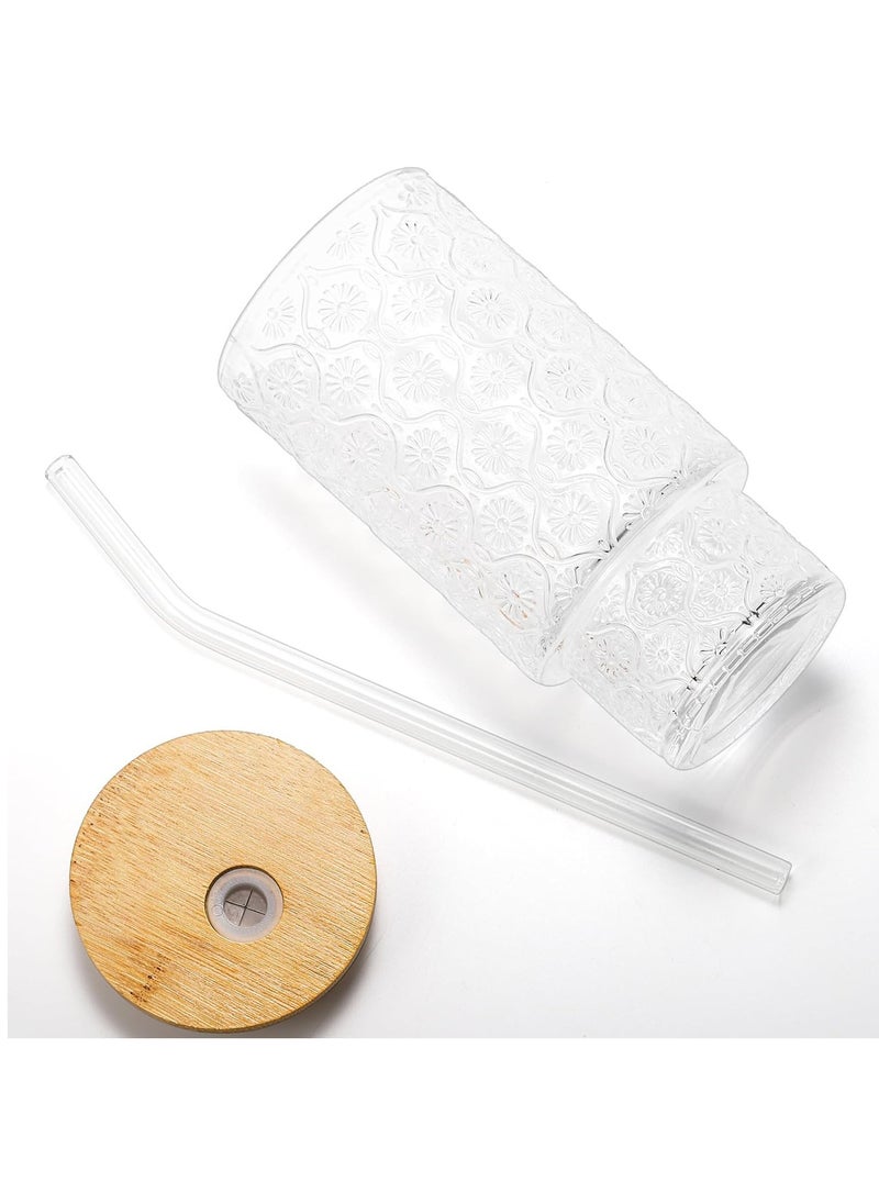 Premium Flower Embossed Drinking Glass Cups with Straws Stackable Glassware Set of 1