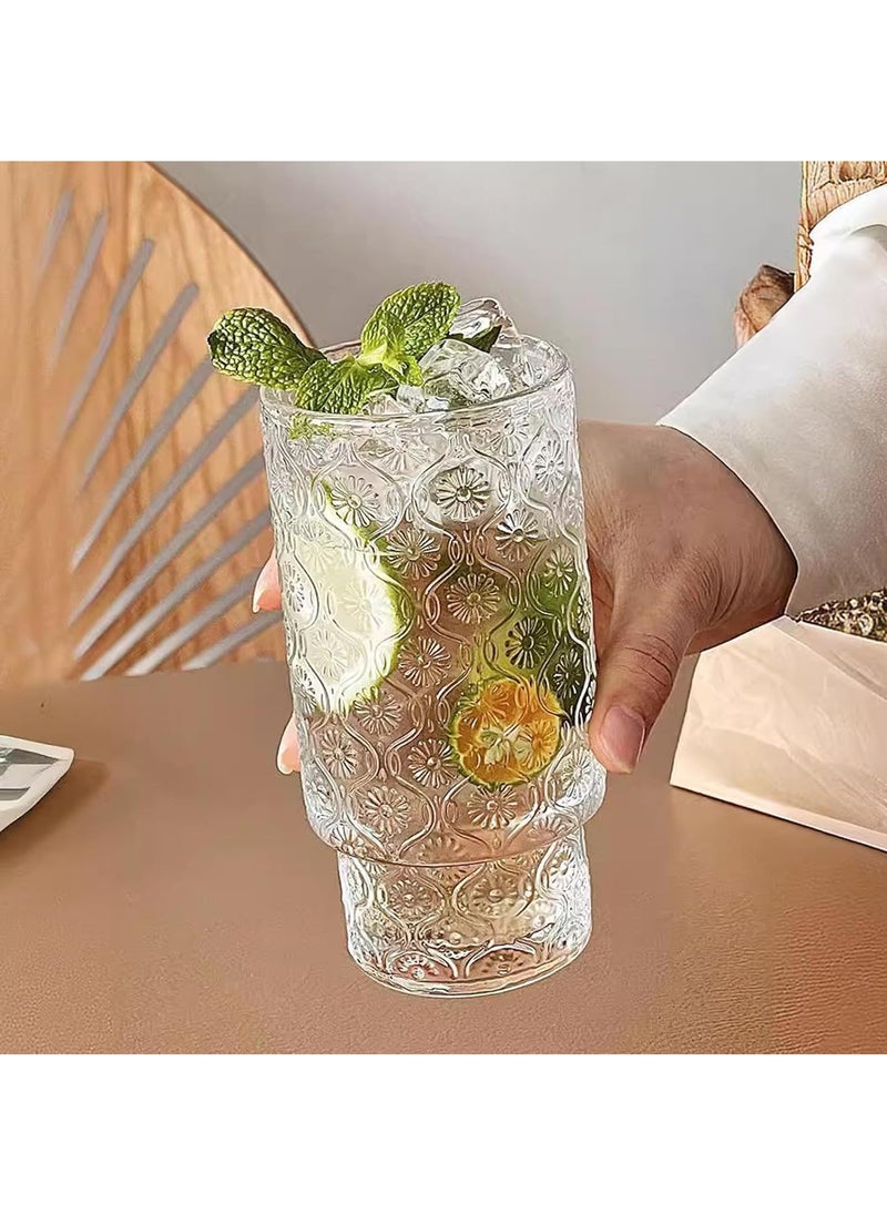 Premium Flower Embossed Drinking Glass Cups with Straws Stackable Glassware Set of 1