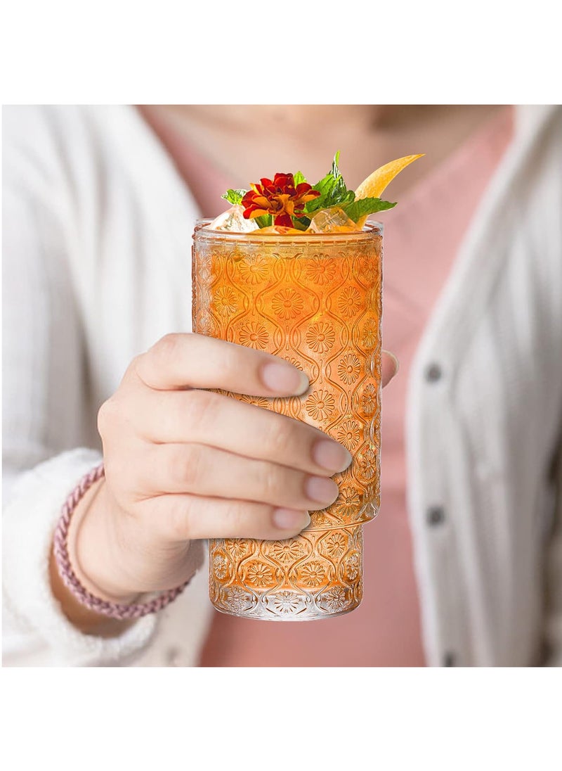 Premium Flower Embossed Drinking Glass Cups with Straws Stackable Glassware Set of 1