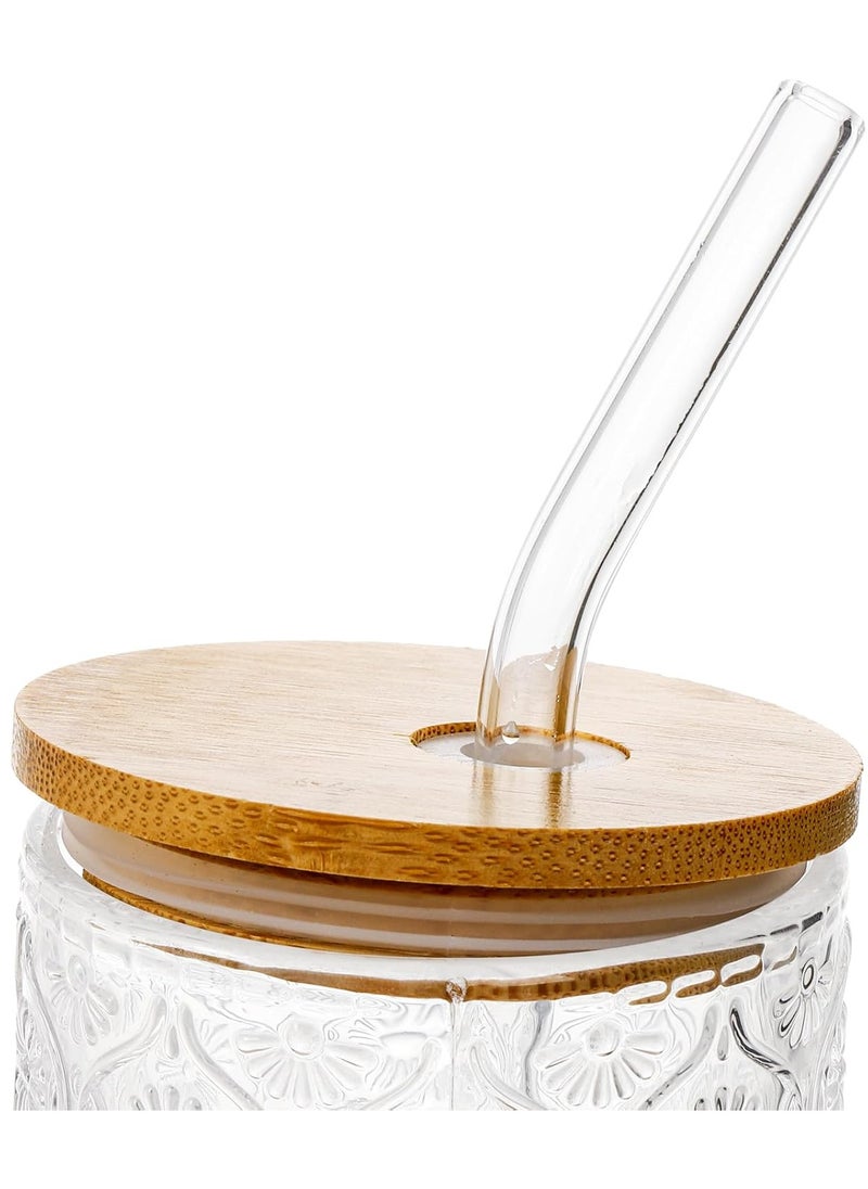 Premium Flower Embossed Drinking Glass Cups with Straws Stackable Glassware Set of 1