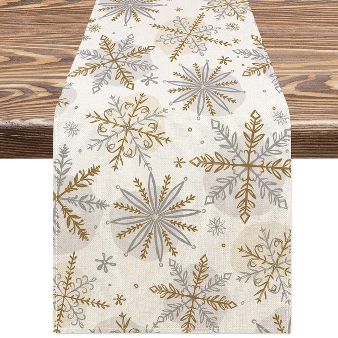 CHRISTMAS WINTER TABLE RUNNER GOLD SILVER SNOWFLAKE TABLE COVER 13 X 72 INCH
