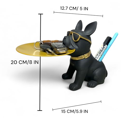 SkyKey Cool French Bulldog Tray Organizer – Decorative Resin Dog Sculpture with Gold Tray for Keys, Wallets, Remotes, Candy – Black Bulldog Desk Storage for Home and Office - Image 3