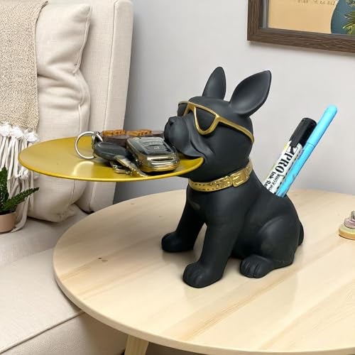SkyKey Cool French Bulldog Tray Organizer – Decorative Resin Dog Sculpture with Gold Tray for Keys, Wallets, Remotes, Candy – Black Bulldog Desk Storage for Home and Office - Image 1