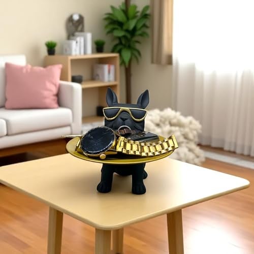 SkyKey Cool French Bulldog Tray Organizer – Decorative Resin Dog Sculpture with Gold Tray for Keys, Wallets, Remotes, Candy – Black Bulldog Desk Storage for Home and Office - Image 2