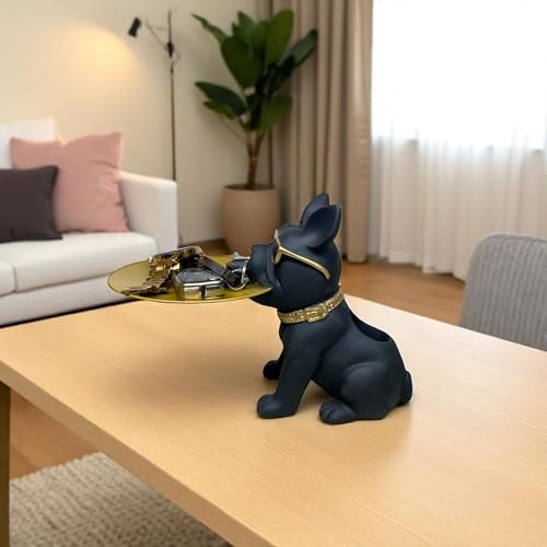 SkyKey Cool French Bulldog Tray Organizer – Decorative Resin Dog Sculpture with Gold Tray for Keys, Wallets, Remotes, Candy – Black Bulldog Desk Storage for Home and Office - Image 5