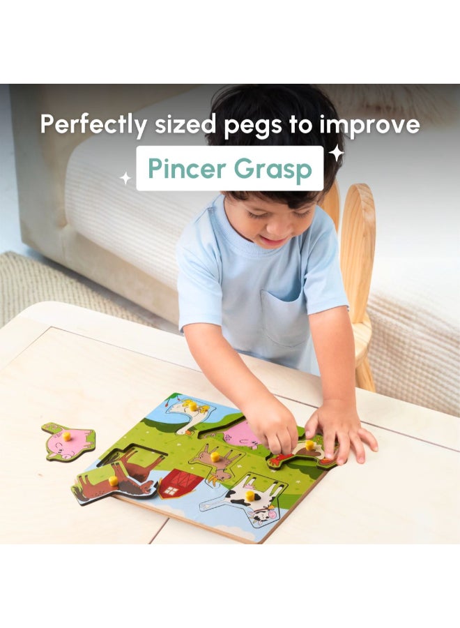 Curious Cub ألغاز خشبية مزودة بمشابك للأطفال من عمر 1.5 سنة فما فوق - لعبة ألغاز بموضوع الحيوانات الزراعية تتكون من 6 قطع - ألعاب تفاعلية للأطفال مصممة لتحسين القبضة الدقيقة والمهارات الحركية - هدايا تعليمية - Image 3
