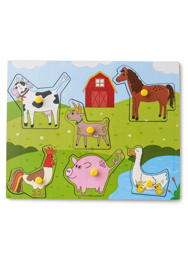 Curious Cub ألغاز خشبية مزودة بمشابك للأطفال من عمر 1.5 سنة فما فوق - لعبة ألغاز بموضوع الحيوانات الزراعية تتكون من 6 قطع - ألعاب تفاعلية للأطفال مصممة لتحسين القبضة الدقيقة والمهارات الحركية - هدايا تعليمية - Image 1