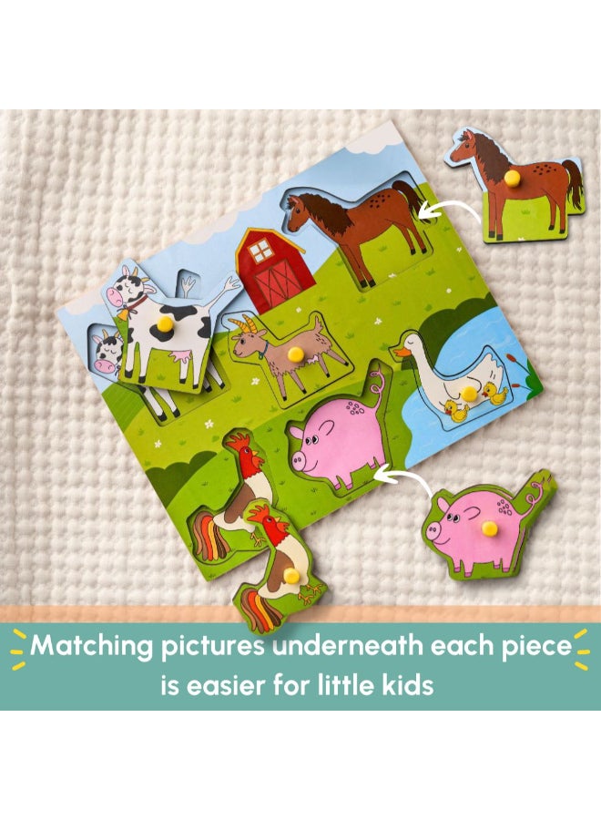Curious Cub ألغاز خشبية مزودة بمشابك للأطفال من عمر 1.5 سنة فما فوق - لعبة ألغاز بموضوع الحيوانات الزراعية تتكون من 6 قطع - ألعاب تفاعلية للأطفال مصممة لتحسين القبضة الدقيقة والمهارات الحركية - هدايا تعليمية - Image 2