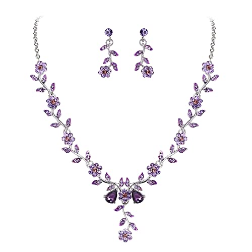 BriLove Women's Wedding Jewelry Leaf Cluster Flower Crystal Dangle Earrings Pendant Necklace Set for Bridal Purple Silver-Tone - Image 1