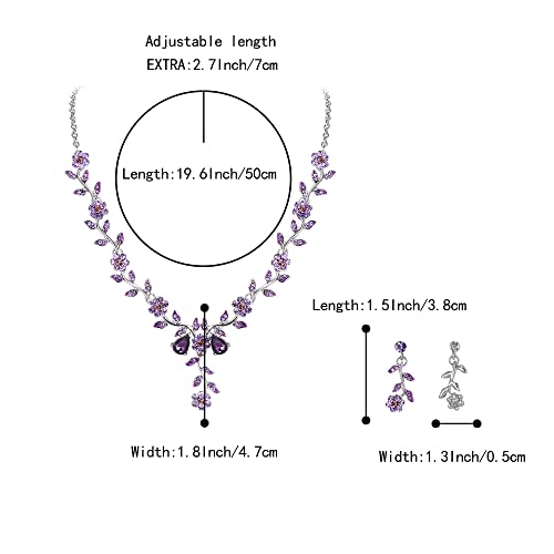 BriLove Women's Wedding Jewelry Leaf Cluster Flower Crystal Dangle Earrings Pendant Necklace Set for Bridal Purple Silver-Tone - Image 5
