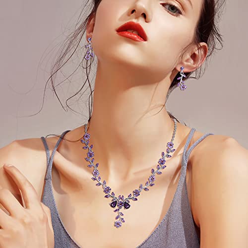 BriLove Women's Wedding Jewelry Leaf Cluster Flower Crystal Dangle Earrings Pendant Necklace Set for Bridal Purple Silver-Tone - Image 3