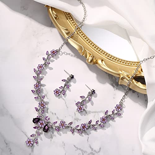 BriLove Women's Wedding Jewelry Leaf Cluster Flower Crystal Dangle Earrings Pendant Necklace Set for Bridal Purple Silver-Tone - Image 4