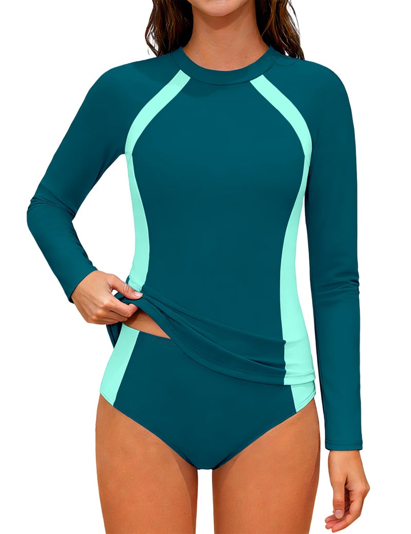 TyeSmo Teen Swimsuits for Girls 12-14 Rash Guard Swimsuit Long Sleeve Teen Bathing Suits for Girls 12-14 Two Piece Color Block Girl Size 14 Swimsuit UPF 50+ Sun Protection Padded Swimwear Green - Image 1