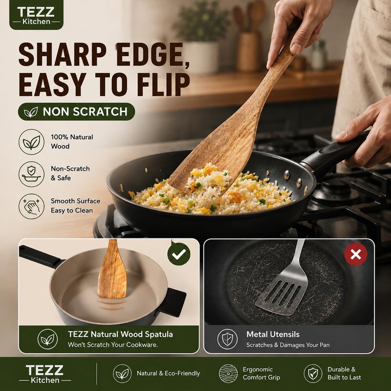 TEZZ مجموعة أدوات المطبخ الخشبية، قطعتان من خشب الأكاسيا الطبيعي، مجموعة ملاعق الطهي الخشبية للمقلاة غير اللاصقة، أدوات المطبخ: مغرفة الطهي وملعقة الوك، ملاعق خشبية للطهي - Image 4