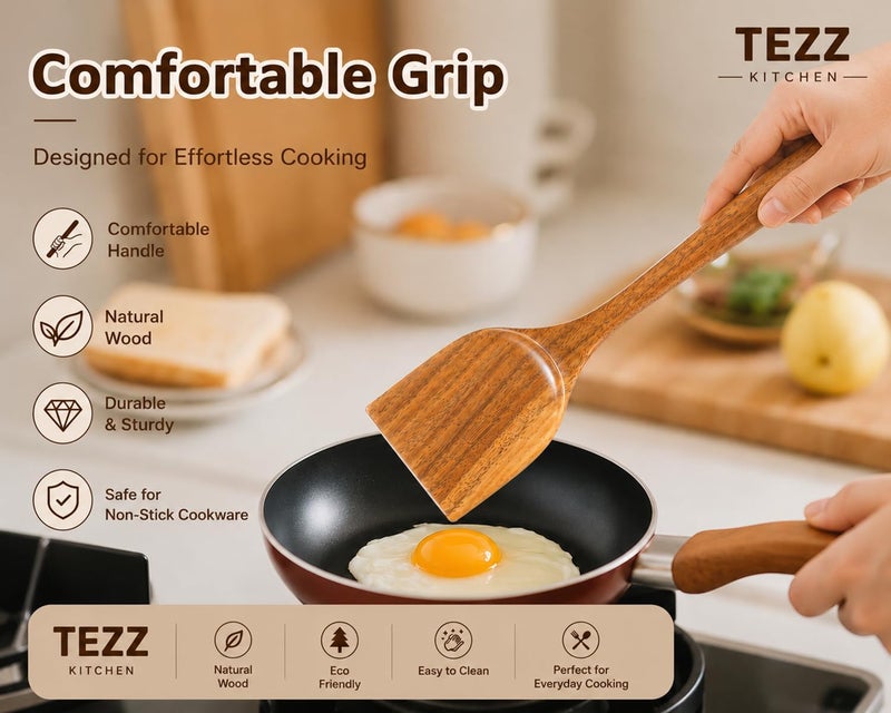 TEZZ مجموعة أدوات المطبخ الخشبية، قطعتان من خشب الأكاسيا الطبيعي، مجموعة ملاعق الطهي الخشبية للمقلاة غير اللاصقة، أدوات المطبخ: مغرفة الطهي وملعقة الوك، ملاعق خشبية للطهي - Image 3