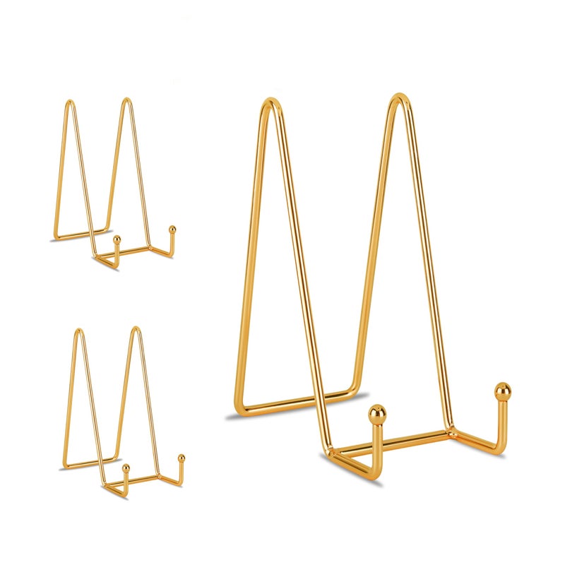 Decolore 8 inch 3 Pack Gold Plate Stands Table Top Easels Plate Holder Display Stands for Picture, Decorative Plate, Book, Photo Easel, Artistic Work - Image 1