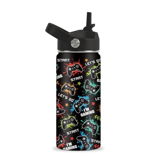 ROVOZAR Game Water Bottle 16oz Game Controller Stainless Steel Water Bottle with Straw Funny Gamer Insulated Cup for Boys Gaming Kids Tumbler for School Sports Travel - Image 1