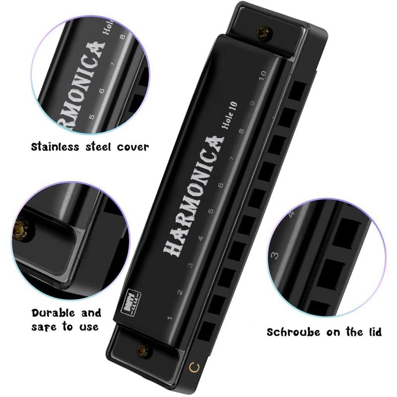 HETVIN Harmonica 10 Holes in C Key – Beginner to Advanced Blues Harp with Storage Case | Classic Diatonic Mouth Organ for Folk, Jazz & Pop – Great Gift for Music Lovers (Black) - Image 4