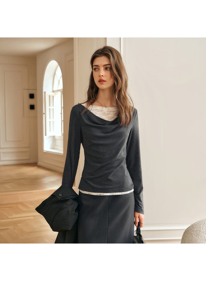 Olrain Oulain Long-sleeve T-shirt For Women, Autumn Lace Off-shoulder Drop-neck Top, Gray , Size M - Image 1