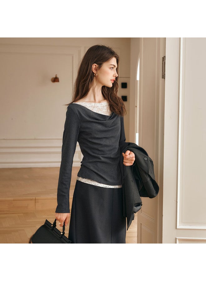 Olrain Oulain Long-sleeve T-shirt For Women, Autumn Lace Off-shoulder Drop-neck Top, Gray , Size M - Image 3