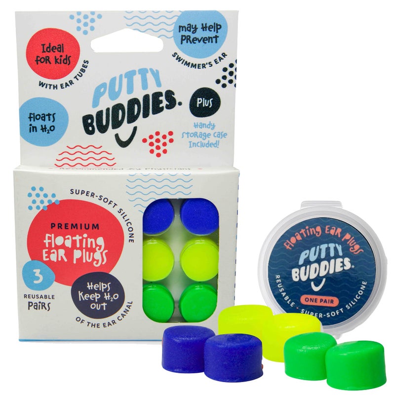Putty Buddies Earvolution Floating Putty Buddies Ear Plugs for Swimming - Invented by an Ear Physician - Moldable, Premium, Silicone - Floats on Water - Waterproof - Made in The USA - 3 Pack - Blue/Yellow/Green - Image 1