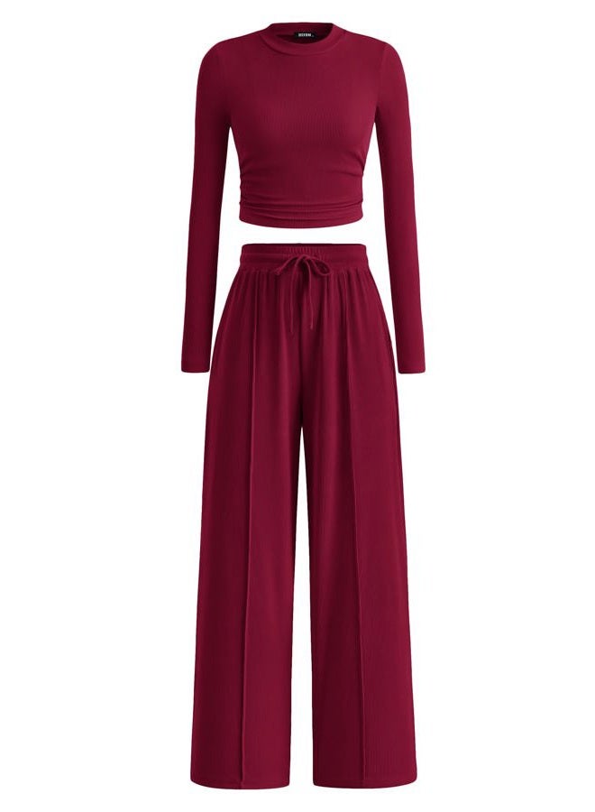 BTFBM Casual 2 Piece Sets For Women Fall Outfits 2026 Ribbed Spring Long Sleeve Crop Top Wide Leg Pants Matching Lounge Set, Burgundy, S - Image 1