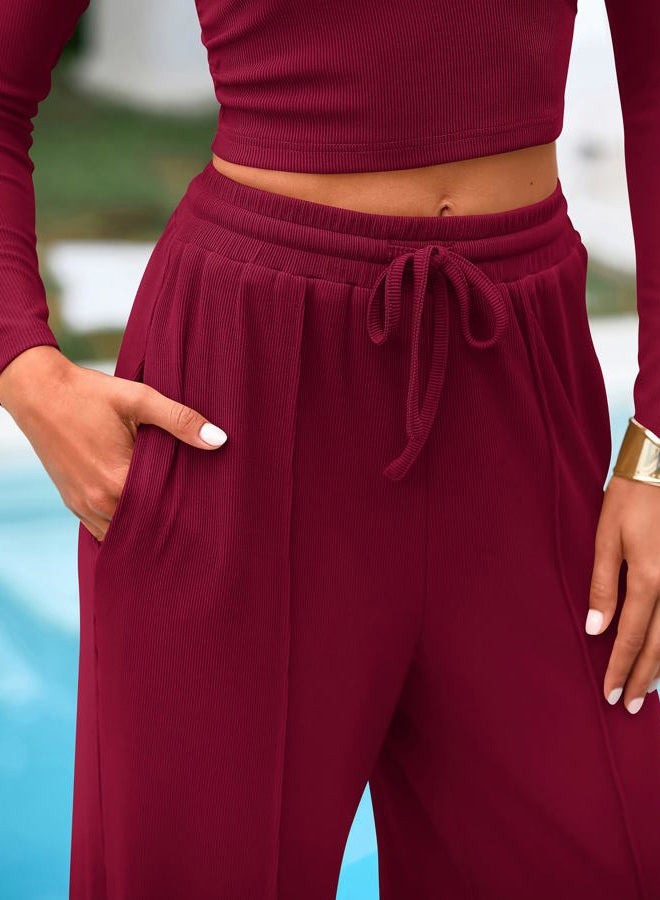 BTFBM Casual 2 Piece Sets For Women Fall Outfits 2026 Ribbed Spring Long Sleeve Crop Top Wide Leg Pants Matching Lounge Set, Burgundy, S - Image 4