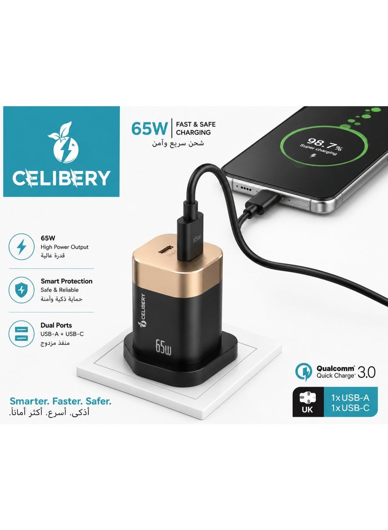 CELIBERY 65W Fast Wall Charger, Dual Port USB-C (PD 35W) & USB-A (QC 30W) Power Adapter with UK Plug - Black & Gold - Image 3