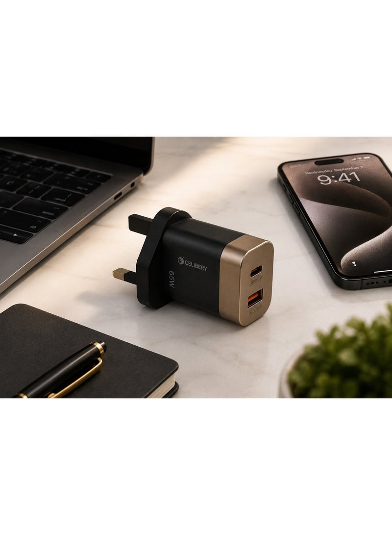 CELIBERY 65W Fast Wall Charger, Dual Port USB-C (PD 35W) & USB-A (QC 30W) Power Adapter with UK Plug - Black & Gold - Image 4