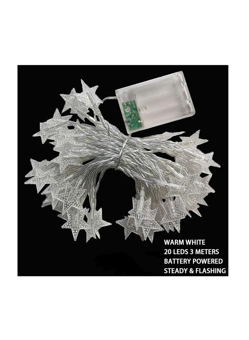 20 مصباح LED على شكل نجمة بطول 3 أمتار، أضواء عيد الميلاد الخيالية تعمل بالبطارية للاستخدام الداخلي والخارجي، والحفلات، وحفلات الزفاف والعطلات، أبيض دافئ (C-3M-20LEDs) - Image 2