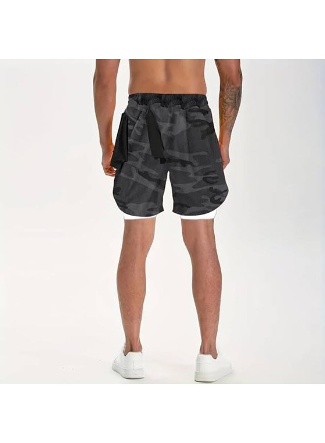 VITION Gym Shorts for Men, Men's Activewear Running Shorts,Drawstring Gym Shorts Men, 2 Layer Loose Athletic Shorts with 4 Pockets (Large, Camouflage Gray White liner) - Image 5