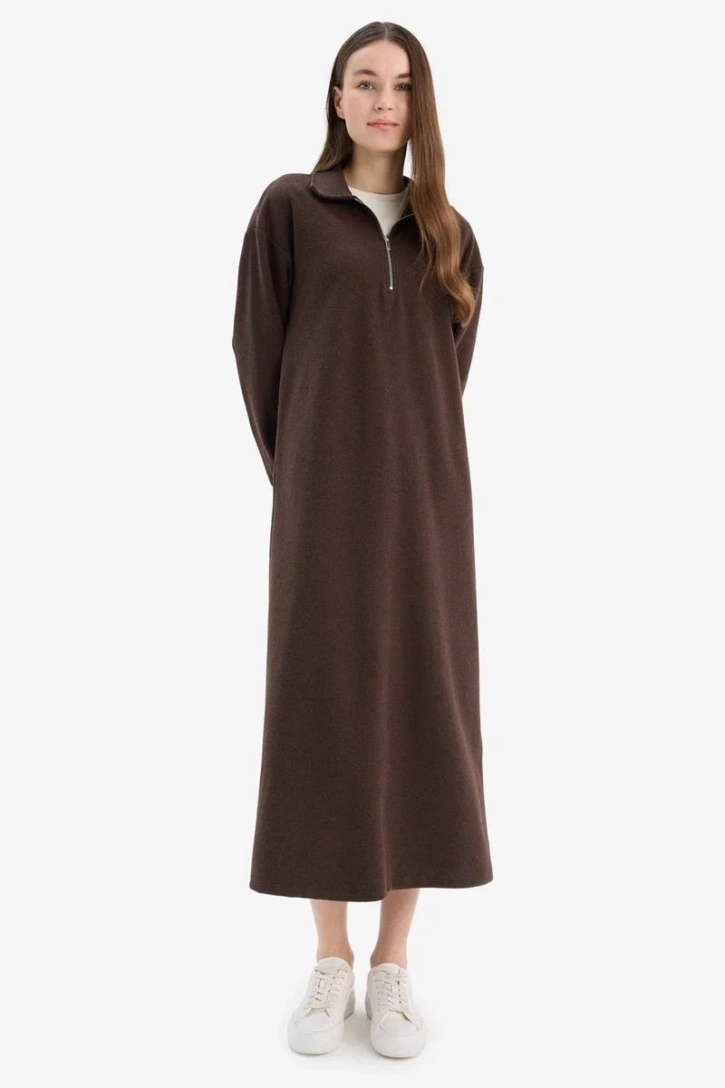 ديفاكتو Loose Fit Zippered Polo Collar Basic Midi Dress