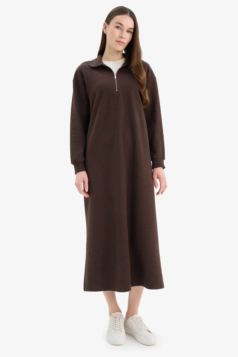 ديفاكتو Loose Fit Zippered Polo Collar Basic Midi Dress
