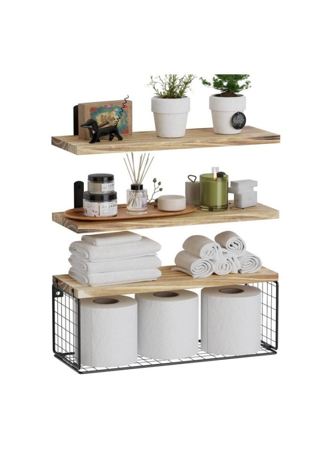 MIXDE 3-Piece Rustic Wood Wall Mounted Floating Shelves with  Storage Basket for Bedroom, Living Room, Kitchen - Image 1