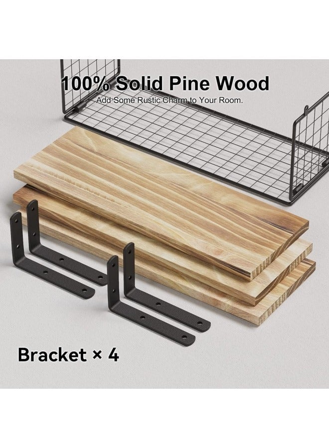 MIXDE 3-Piece Rustic Wood Wall Mounted Floating Shelves with  Storage Basket for Bedroom, Living Room, Kitchen - Image 3