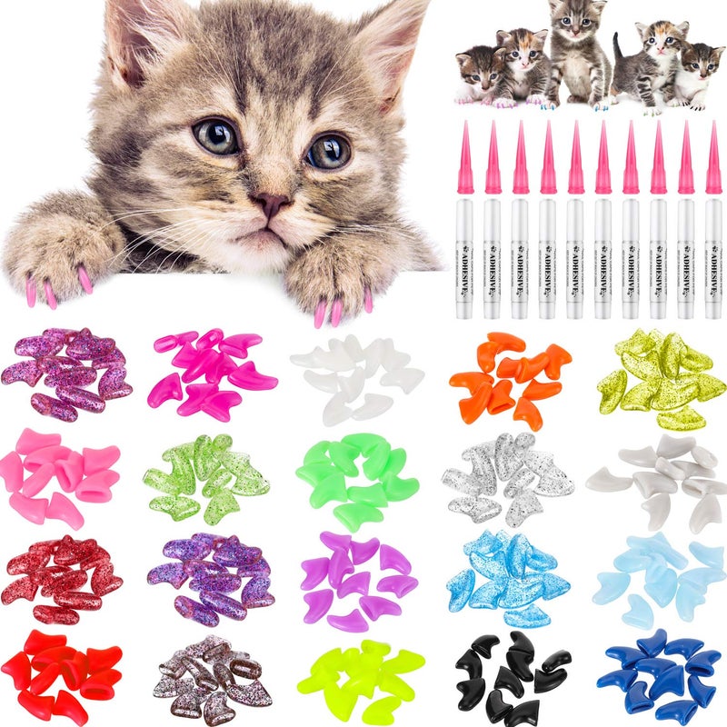 WILLBOND 200 Pieces 20 Color Cat Claw Caps with 10 Pcs Adhesive Glues and 10 Pcs Applicators Cat Claw Covers Nail Tips with Instruction for Pets Cats - Image 2
