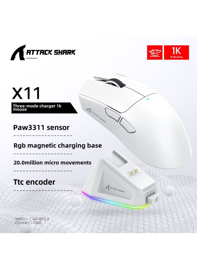 Attack Shark X11 Mouse Lightweight PAW3311 E-sports Game Three-mode Wireless Bluetooth Mouse Charging RGB Bottom-Colour:Attack Shark X11 Three-mode Mouse White With Rgb Charging Stand - Image 1