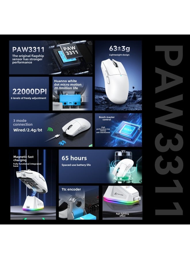Attack Shark X11 Mouse Lightweight PAW3311 E-sports Game Three-mode Wireless Bluetooth Mouse Charging RGB Bottom-Colour:Attack Shark X11 Three-mode Mouse White With Rgb Charging Stand - Image 3