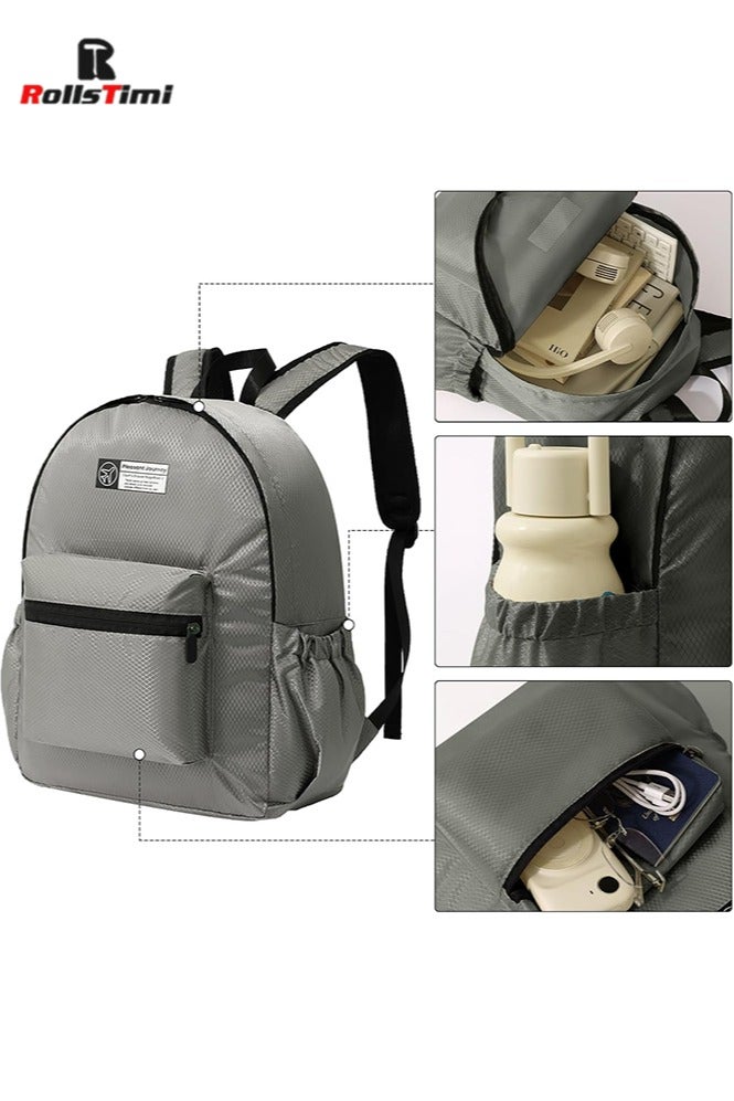 RollsTimi  Foldable Double Shoulder Backpack with Rhombus Grid, Travel and Leisure Lightweight Student Backpack for Outdoor Travel Camping, Work Commuting, Student School Bag,Grey - Image 5