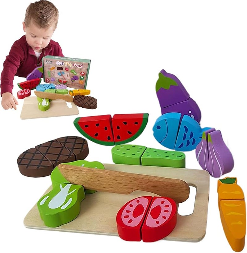 Kids Wooden Fruits Vegetables Pretend Play Cutting Toy Set Educational Kitchen Playset - Image 1