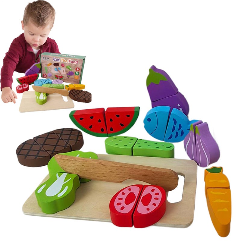 Kids Wooden Fruits Vegetables Pretend Play Cutting Toy Set Educational Kitchen Playset - Image 2