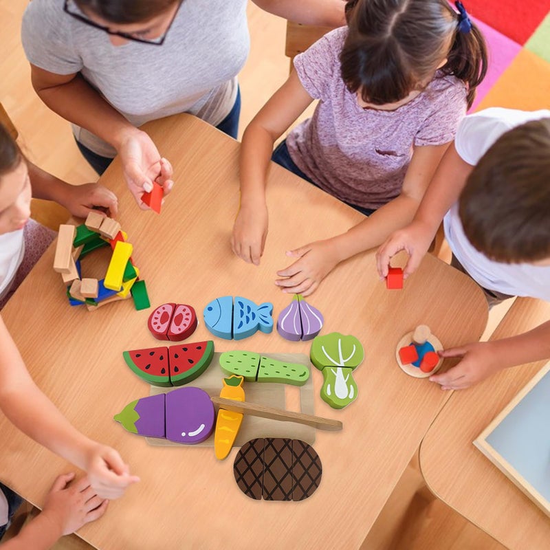 Kids Wooden Fruits Vegetables Pretend Play Cutting Toy Set Educational Kitchen Playset - Image 3