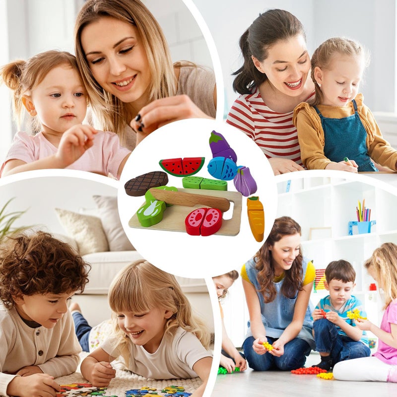 Kids Wooden Fruits Vegetables Pretend Play Cutting Toy Set Educational Kitchen Playset - Image 5
