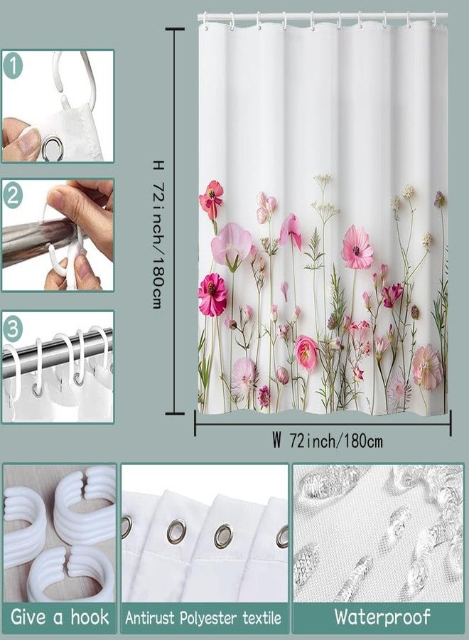 Mightree Floral Shower Curtain, Fabric Cloth Shower Curtains for Bathroom Farmhouse Decor, Colorful Shower Curtain with 12 Hooks and 1 Hanging Cord, 72" x 72", Pink Flowers - Image 2