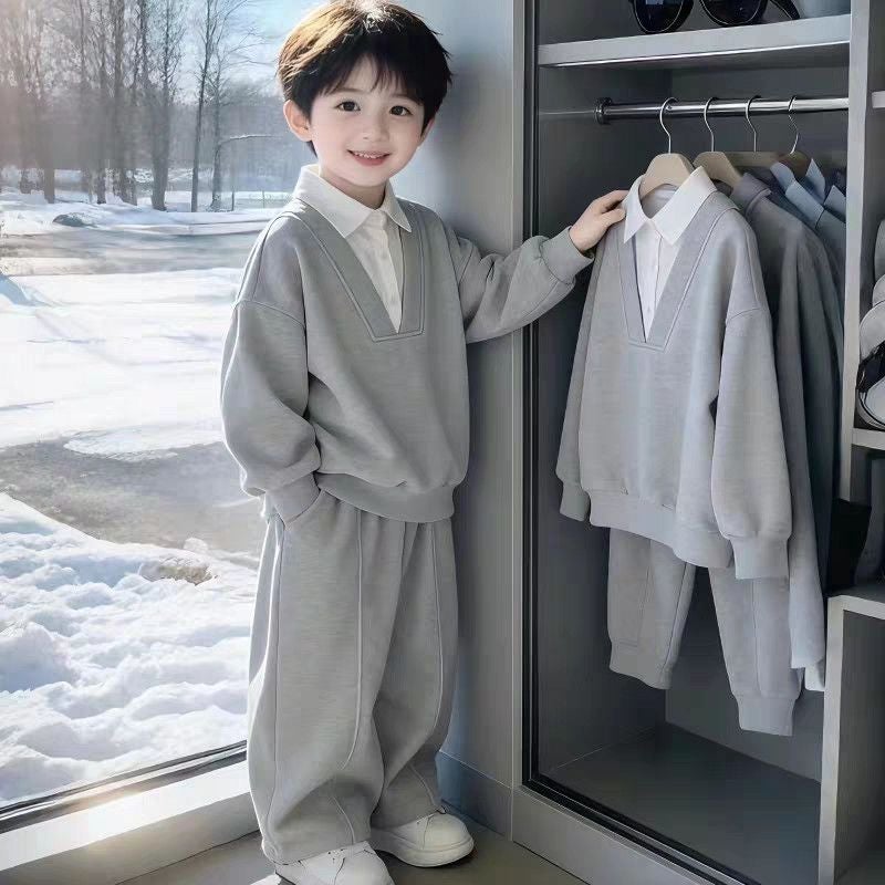 Boys'' New Spring and Autumn Outfit Set, Autumn Sweatshirt with Faux Two-Piece Design, Children''s Two-Piece Set for Small and Medium-Sized Kids, Casual and Stylish - Image 4