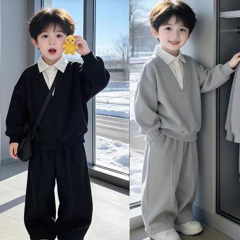 Boys'' New Spring and Autumn Outfit Set, Autumn Sweatshirt with Faux Two-Piece Design, Children''s Two-Piece Set for Small and Medium-Sized Kids, Casual and Stylish - Image 2
